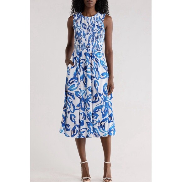 Calvin Klein Dresses & Skirts - Calvin Klein Women Midi Dress Size 12 NWT Smocked W/ Pockets Floral Sleeveless